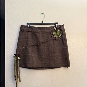 Ted Baker Brown Plaid Mini Skirt with Ribbon Accent